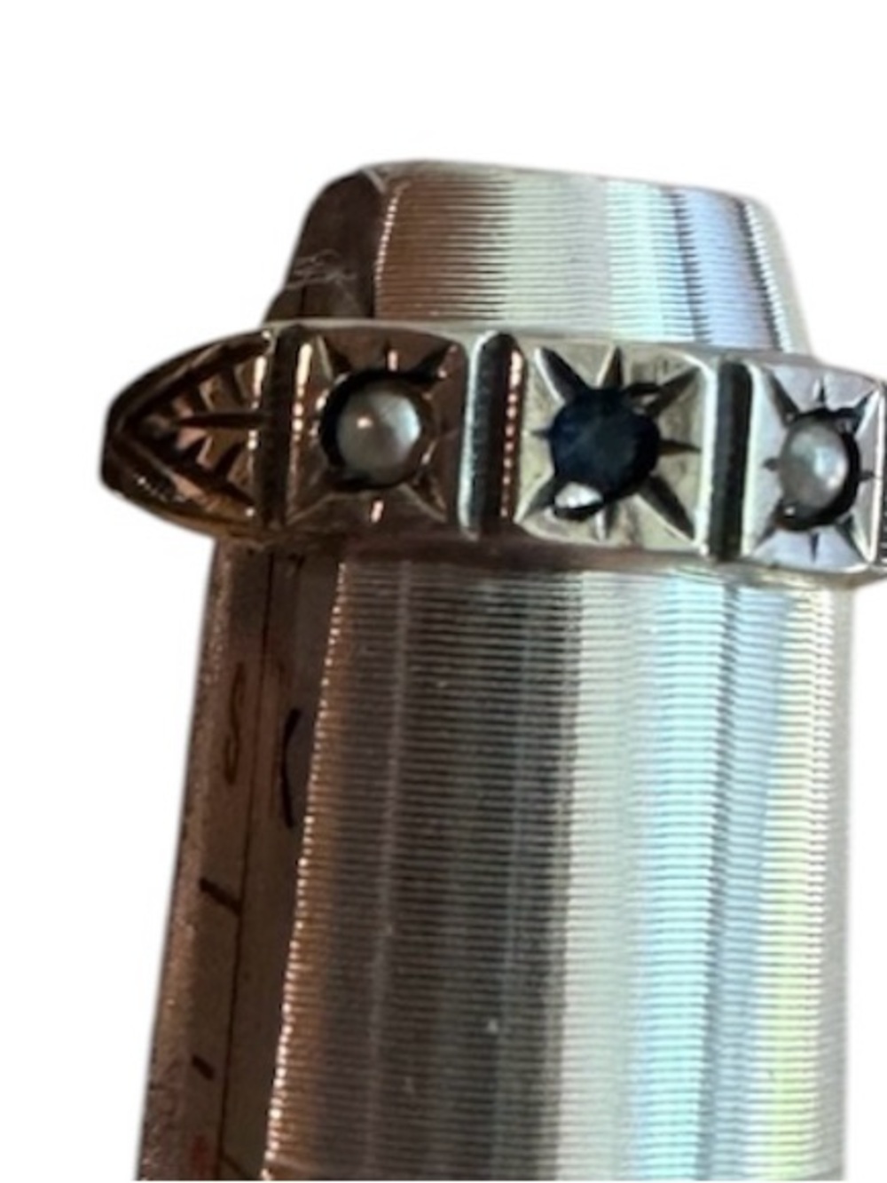 Vintage Baby Ring Engraved Starburst Detail Blue and White Seed Stones